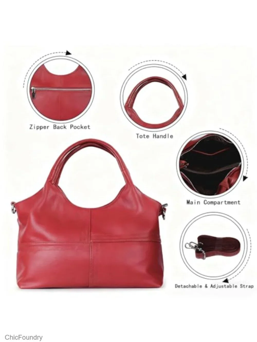 Vegan Leather Tote Hobo Bag with Detachable Satchel Strap